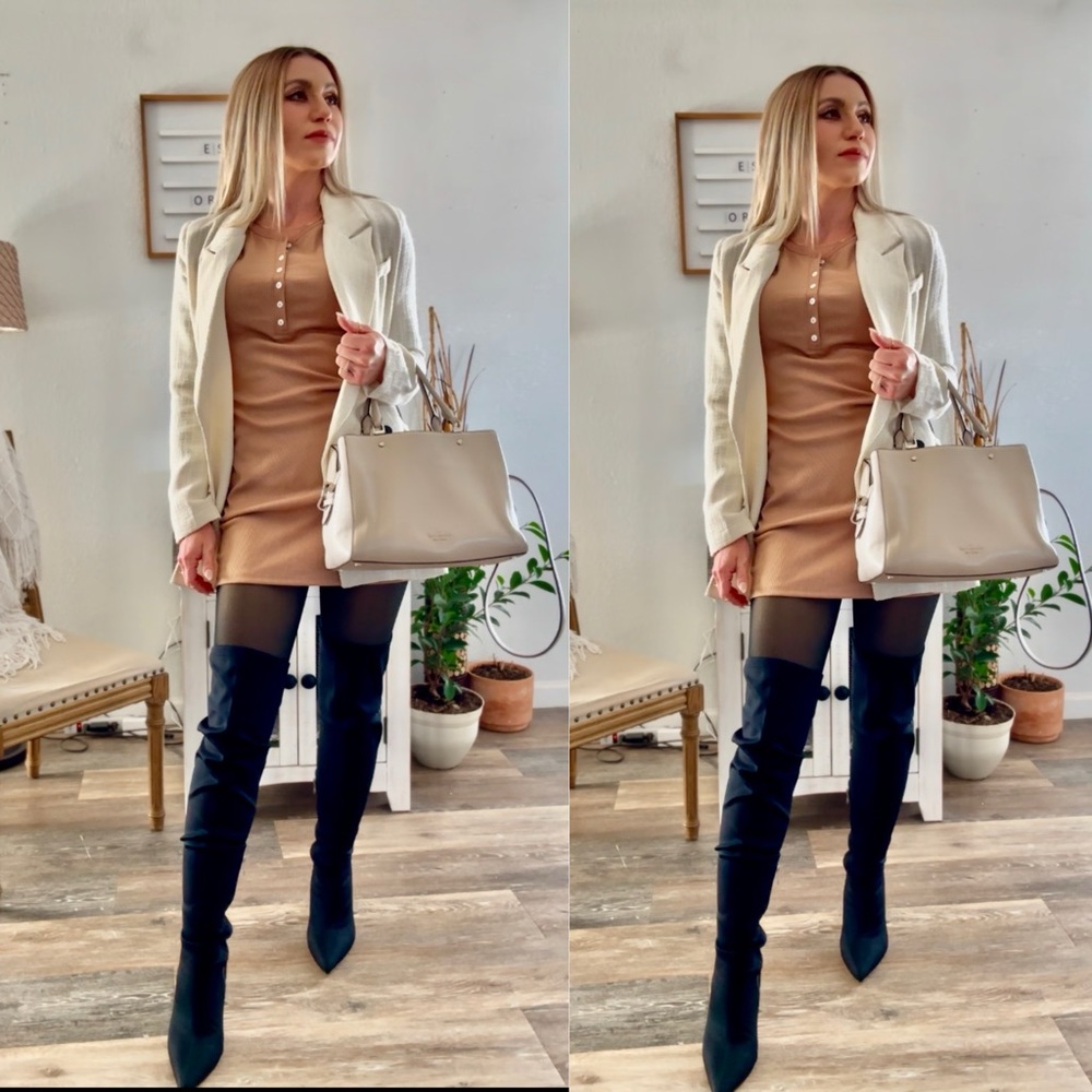 Pink Lily Trendy aesthetic tan long sleeved ribbed Henley dress size medium